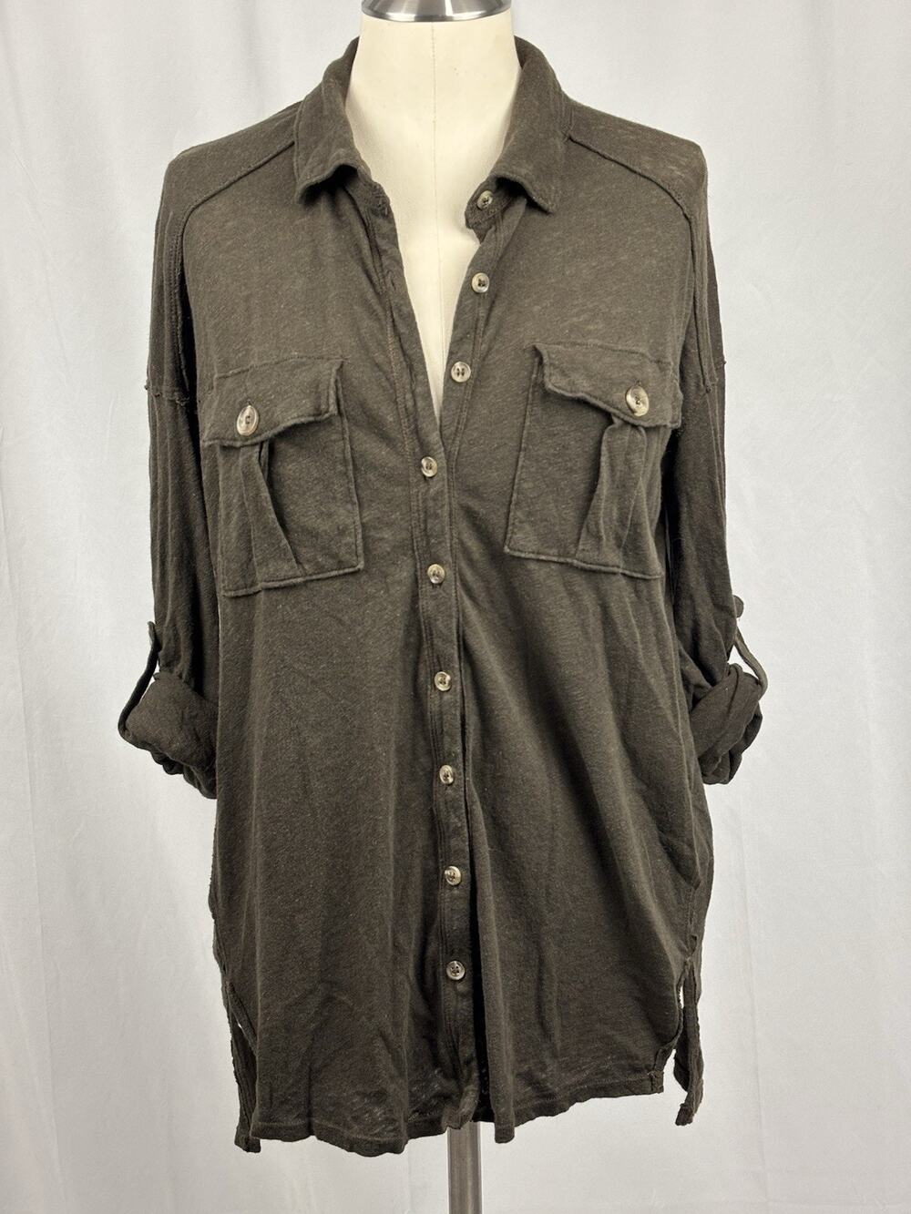 We The Free People Women’s S Brown Button Up Long Blouse 3/4 Sleeve Linen Blend